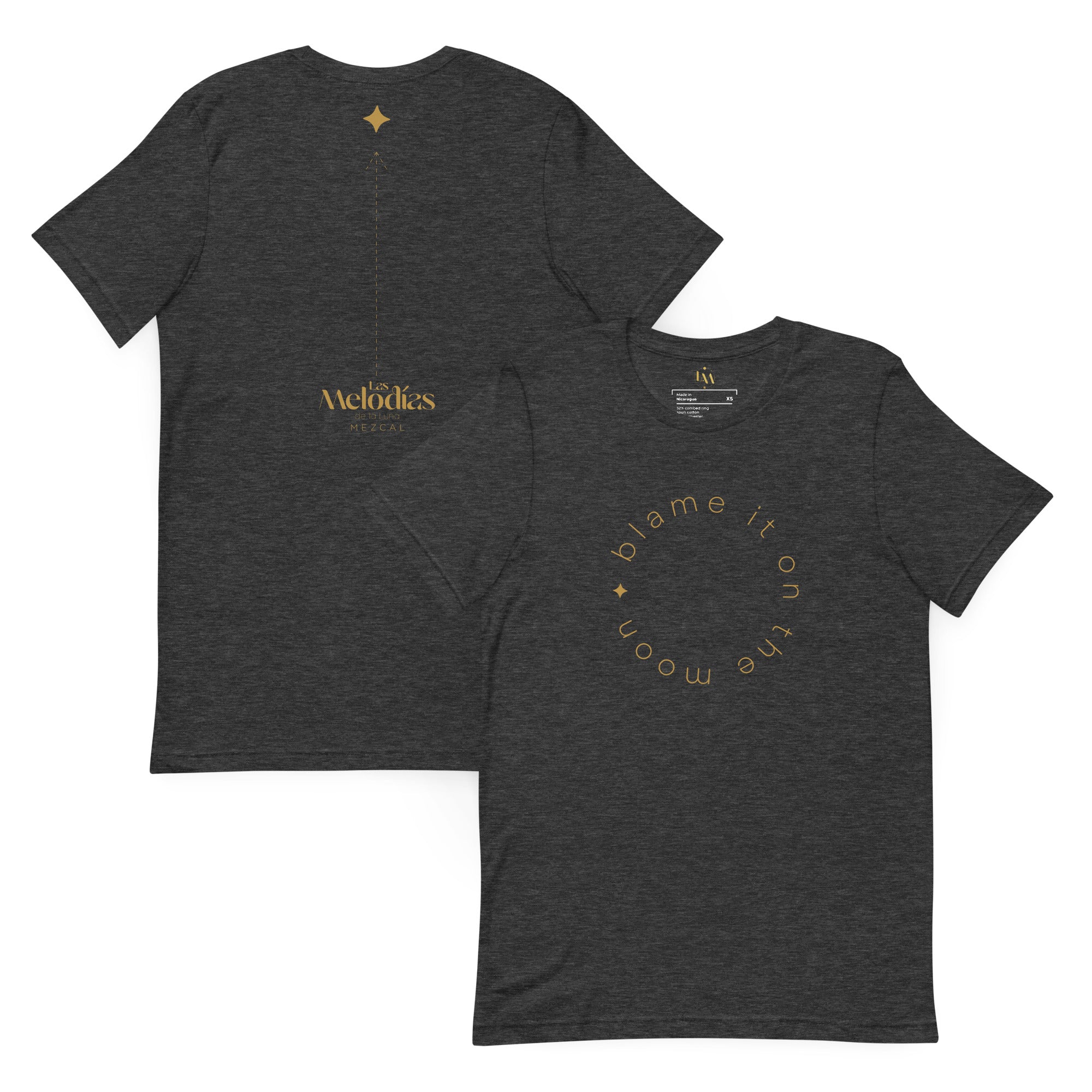 Heather Grey t-shirt with Blame it On The Moon logo on front and back