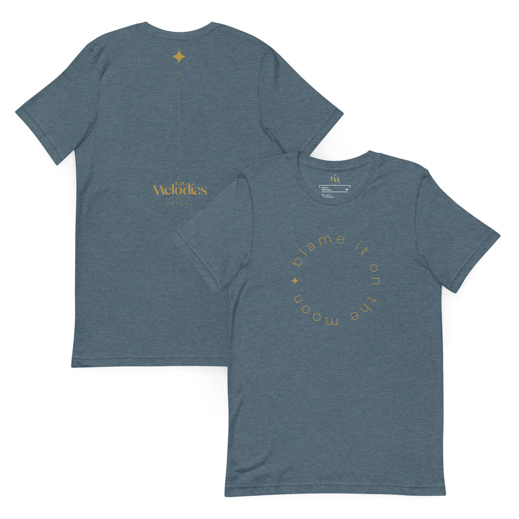 Heather slate t-shirt with Blame It On the Moon logo on front and back