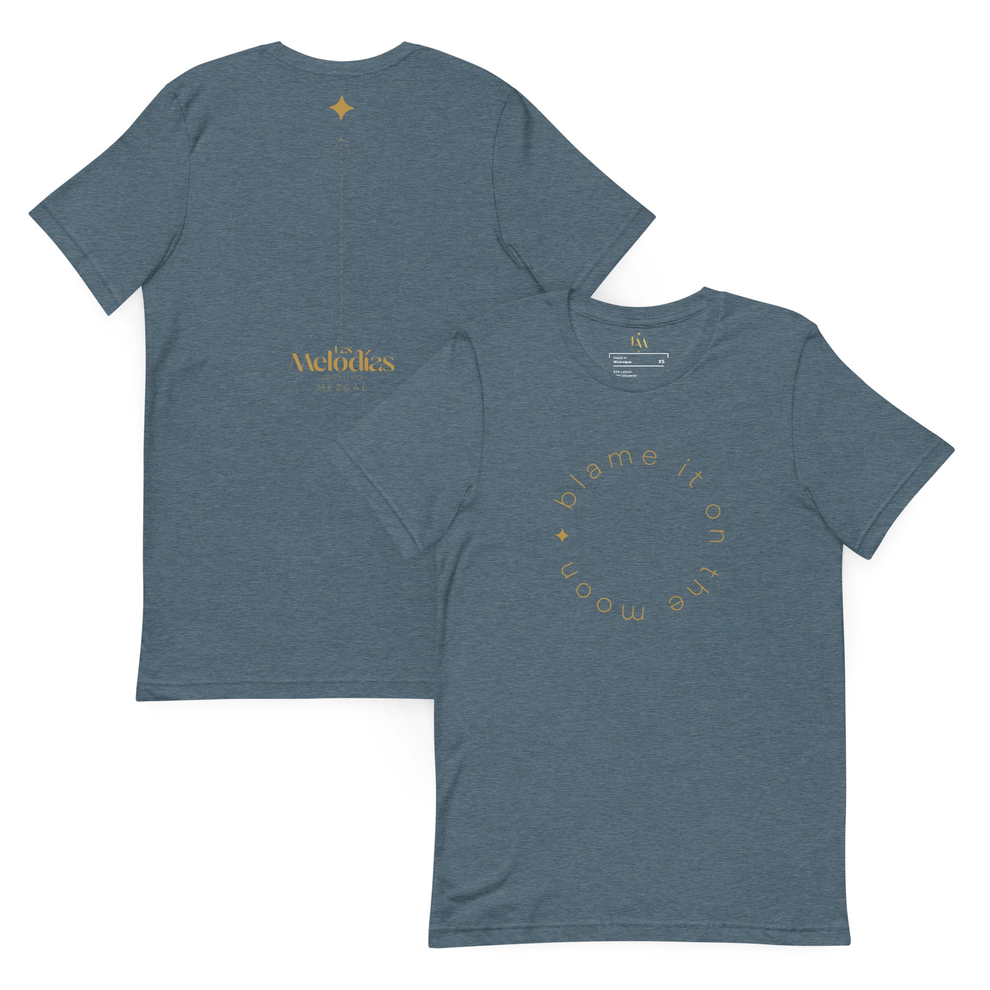 Heather slate t-shirt with Blame It On the Moon logo on front and back
