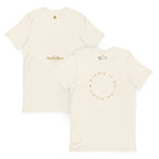 Off-white short-sleeve t-shirt showing the front and back. The front features a gold circular graphic reading 'blame it on the moon' with a small gold heart.