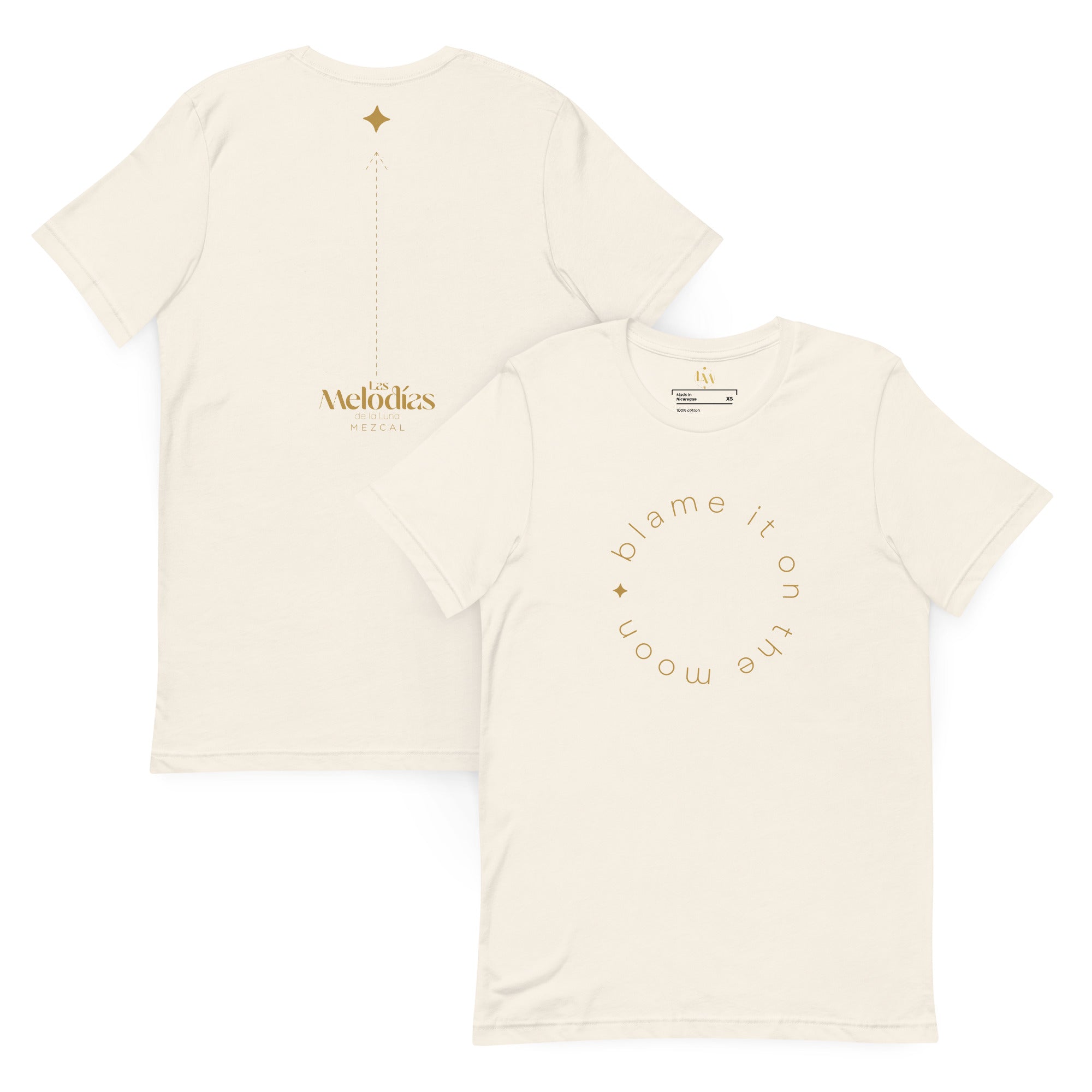 Off-white short-sleeve t-shirt showing the front and back. The front features a gold circular graphic reading 'blame it on the moon' with a small gold heart.